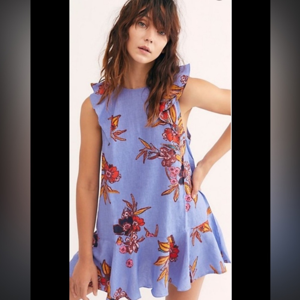 Free People Tulum Linen Floral Print Mini Dress Tunic Size XSBluebell